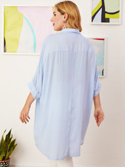 Plus Size Women Lapel High Low Asymmetrical 3/4 Sleeve Casual Longline Shirts
