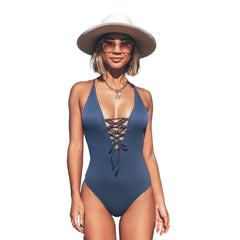 Sexy Women's Deep V-neck Backless Lace Up Swimsuit For Beach Bathing