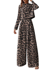 Leopard Print Button Zip Long Sleeve Crew Neck Two Pieces Set