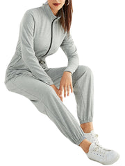 Women Solid Color Zipper Drawstring Pocket Long Sleeve Sports Casual Jumpsuit