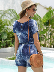 Die-dye Print O-neck Short Sleeve Drawstring Waist Mini Jumpsuits