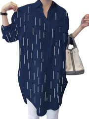 Stripe Print Pocket Long Sleeve Loose Button Down Shirt