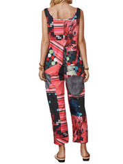 Flower Plants Geometric Print Strap Sleeveless Jumpsuit With Pocket