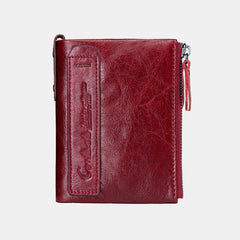 Genuine Leather Multifunction Multi-slot Double Zipper Casual Brief Solid Color Card Holder Wallet