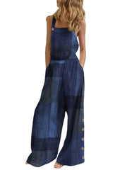Women Plaid Sleeveless Side Button Wide-Leg Casual Jumpsuits With Pocket