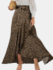 Women Zebra Print Asymmetric Ruffle Knotted Casual High Waist Skirts