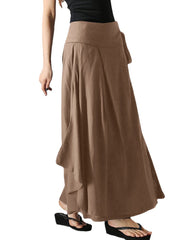 Solid Pocket Knotted Pleated Cotton Casual Skirt