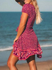 Women's Bohemian V-Neck Floral Spliced Short Sleeve Casual Mini Dress