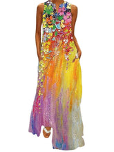 Women‘s Sleeveless Butterfly Print V Neck Fashion Chic Stage Long Dress