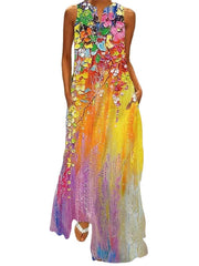 Women‘s Sleeveless Butterfly Print V Neck Fashion Chic Stage Long Dress