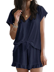 V-Neck Short Sleeve Solid Loungewear Set - 2 Piece Home Outfit