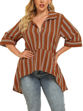 Plus Size Women Stripe Half Button High Low Vintage Half Sleeve Blouses