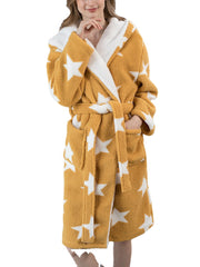 Women's Star Print Fleece Hooded Robe with Pockets - Warm & Cozy