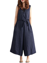 Women Wide Leg Cotton Solid Color V-Neck Sleeveless Jumpsuit with Pockets