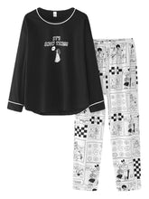 Women's Anime Print Black Pajama Set - Pullover & Elastic Waist Pants