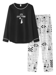 Women's Anime Print Black Pajama Set - Pullover & Elastic Waist Pants