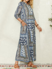 Women Ethnic Style Print V-neck Side Pocket 3/4 Sleeve Vintage Maxi Dress