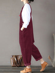 Corduroy Sleeveless Loose Button Causal Side Pocket Jumpsuit For Women
