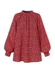 Women Allover Floral Print Puff Sleeve Stand Collar Casual Blouse
