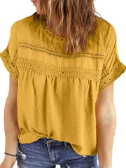 Leisure Swiss Dot Button Lace Patchwork Short Sleeve Blouse