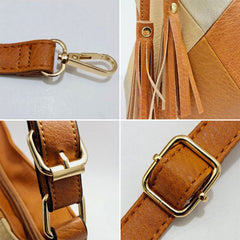 Women Faux Leather Fashion Color Block Tassel Crossbody Bag Shoulder Bag