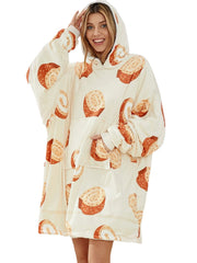 Women's Cartoon Bread Print Cozy Blanket Hoodie with Kangaroo Pocket
