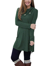 Women Solid Color Button Cowl Neck Split Hem Casual Long Sleeve Mini Dress