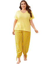 Plus Size V-Neck Top & Print Tie Pants Pajama Set for Women
