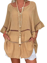 Women Solid Color Hollow Scoop Neck Loose Blouses