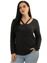 Plus Size Round Neck Button Design Cut Out Tee