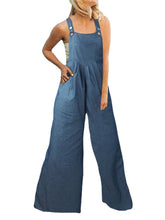 Women Solid Color Casual Loose Demin Wide Leg Jumpsuit with Pockets