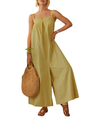 Solid Color Straps Pleated Daily Casual Jumpsuit For Women
