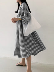 Women Plaid Puff Sleeve High Waist Bohemian Casual Loose Midi Dress
