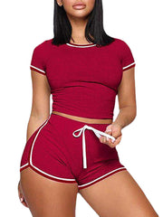 Solid Color O-neck Short Sleeve T-shirts Drawstring Waist Casual Shorts