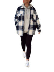 Women Plaid Button Front Lapel Long Sleeve Casual Coats With Multi Pocket