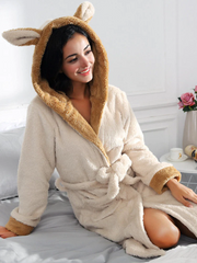 Women's Cute Rabbit Ear Fleece Hooded Robe - Warm, Loose, Lace-Up