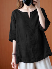 Women 100% Cotton Solid O-Neck Loose Raglan Sleeve Loose Blouse