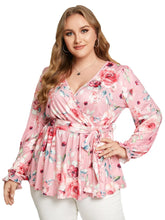 Plus Size Floral Print Belt Design Crossed Front Design Blouse