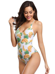 Women Banana Print Criss-Cross Spaghetti Straps One Piece Beach Swimwear