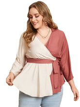 Plus Size V-neck Belt Design Patchwork Blouse