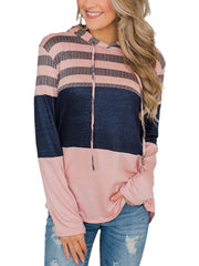 Women Christmas Elk Stripe Patchwork Casual Long Sleeve Drawstring Hoodies