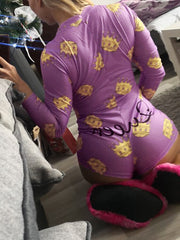 Fruit Vegetable Print Front Button V Neck Long Sleeves Casual Playsuits