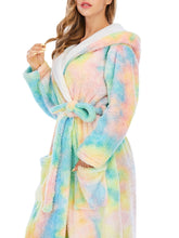 Green Women's Tie Dye Fleece Hooded Sleepwear Robe with Pockets