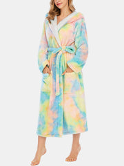 Green Women's Tie Dye Fleece Hooded Sleepwear Robe with Pockets