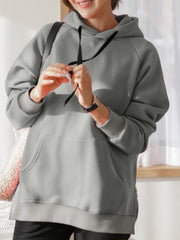 Women Solid Casual Raglan Sleeve Side Split Sweatshirt Hoodies