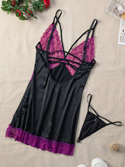 Women's Lace Trim Faux Silk Plunge Chemise Nightgown with Side Split