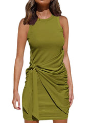 Women‘s Sleeveless Solid Color Patchwork Round Neck Elegant Short Mini Dress