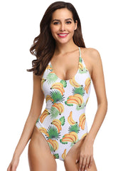 Women Banana Print Criss-Cross Spaghetti Straps One Piece Beach Swimwear