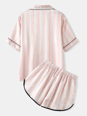 Women's Colorful Striped Revere Collar Silk Pajama Set with Pockets