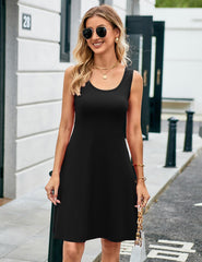 Women Summer Slim Sleeveless Scoop Neck A-Line Flare Sun Dresses